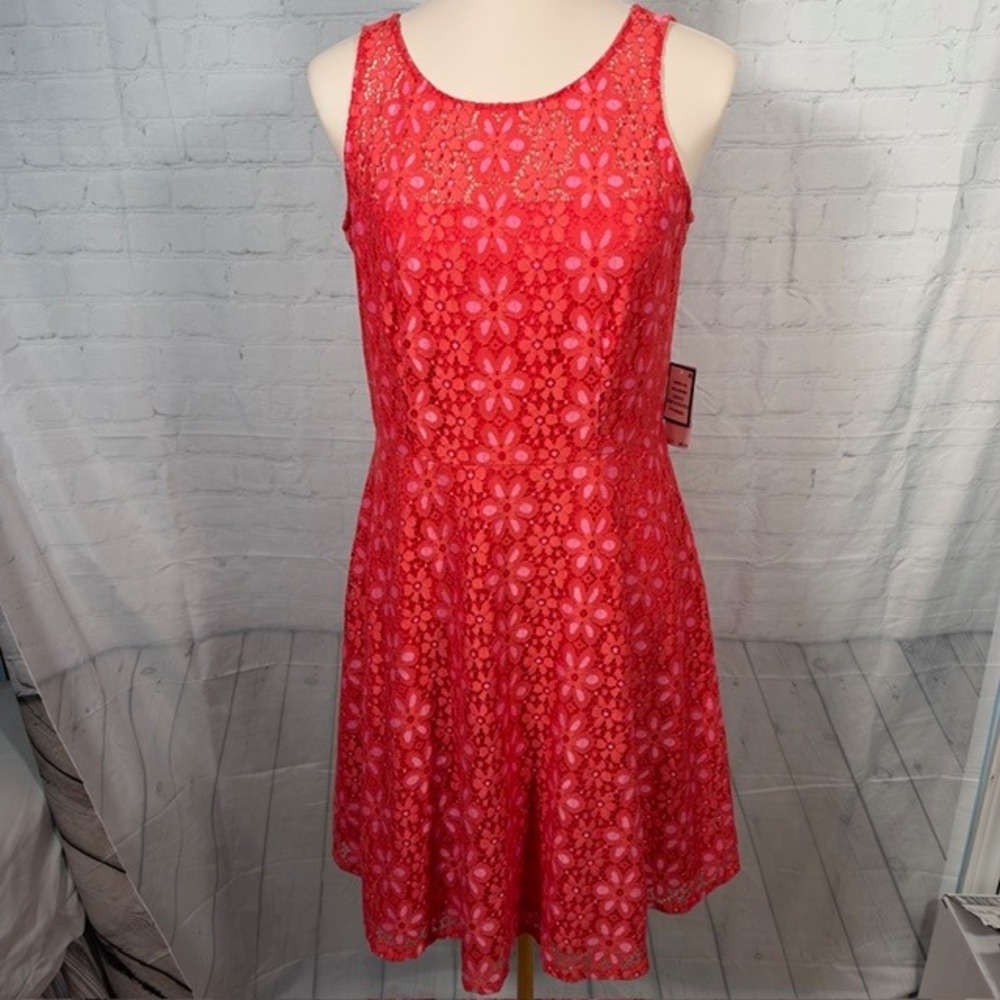 NWT Nine West Floral‎ Lace Fit & Flare Dress Fire Glow Pink Size 6